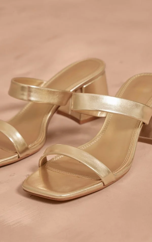 Gold PU Wide Fit Square Toe Block Heeled Mules