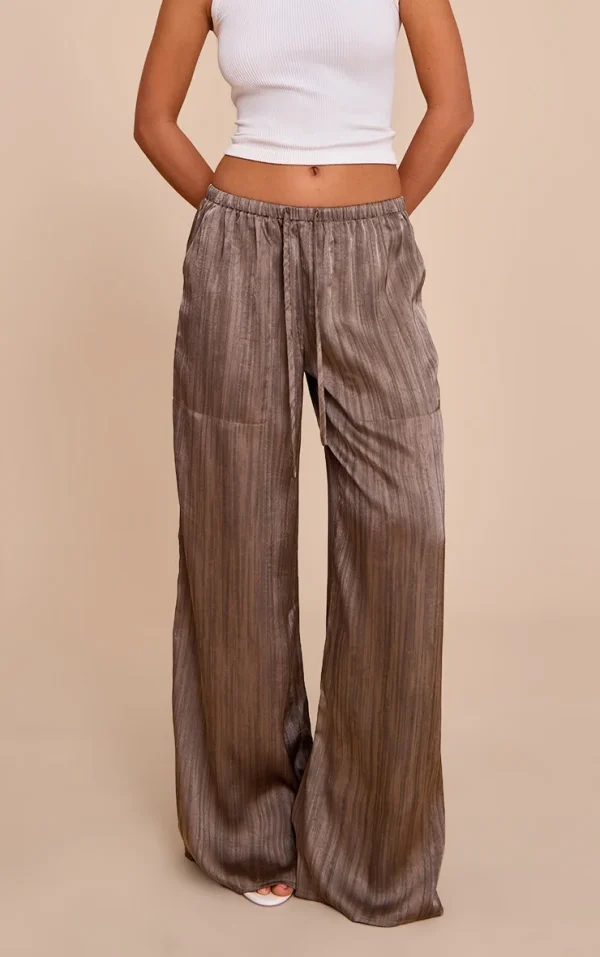 Grey Textured Woven Printed Satin Wide Leg Pants