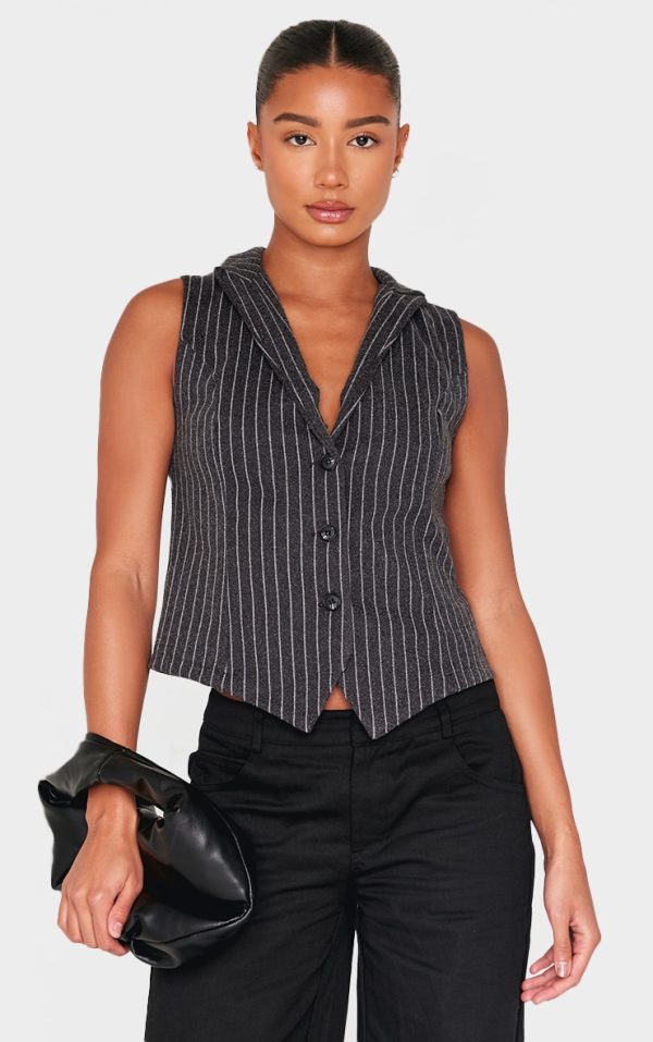 Charcoal Pinstripe Wool Look Collar Vest
