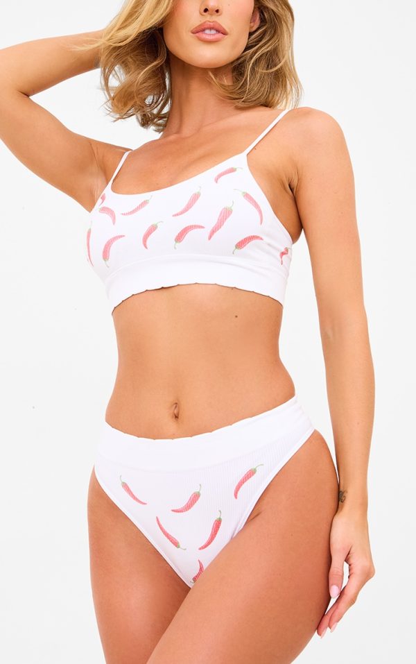 White Chilli Print Ribbed Scoop Neck Bralette