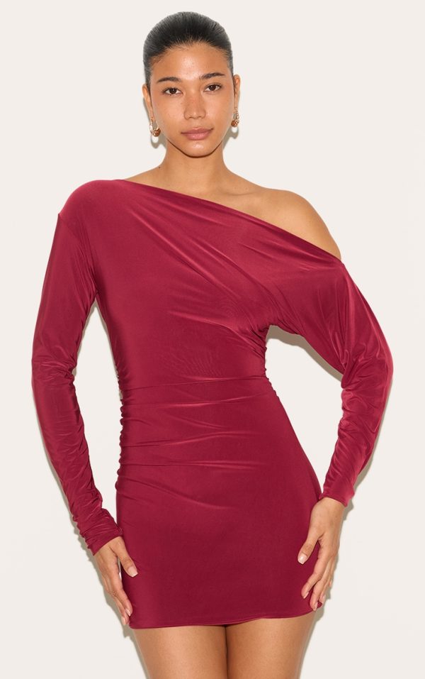 Wine Double Layer Slinky Asymmetric Off The Shoulder Mini Dress
