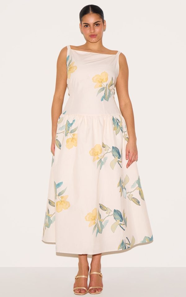 Plus Yellow Floral Printed Dropped Waist Midaxi Dress