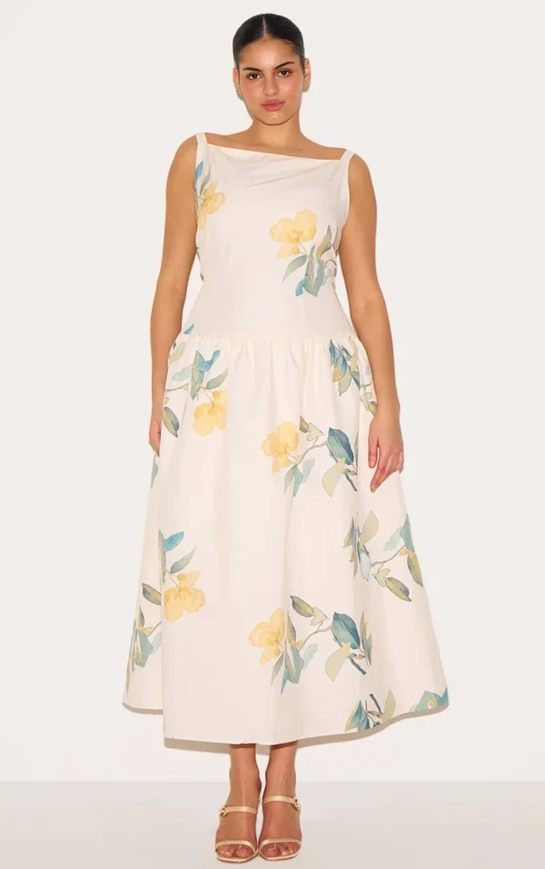 Plus Yellow Floral Printed Dropped Waist Midaxi Dress