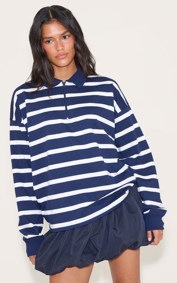 Navy Loopback Sweat Stripe Quarter Zip Sweatshirt