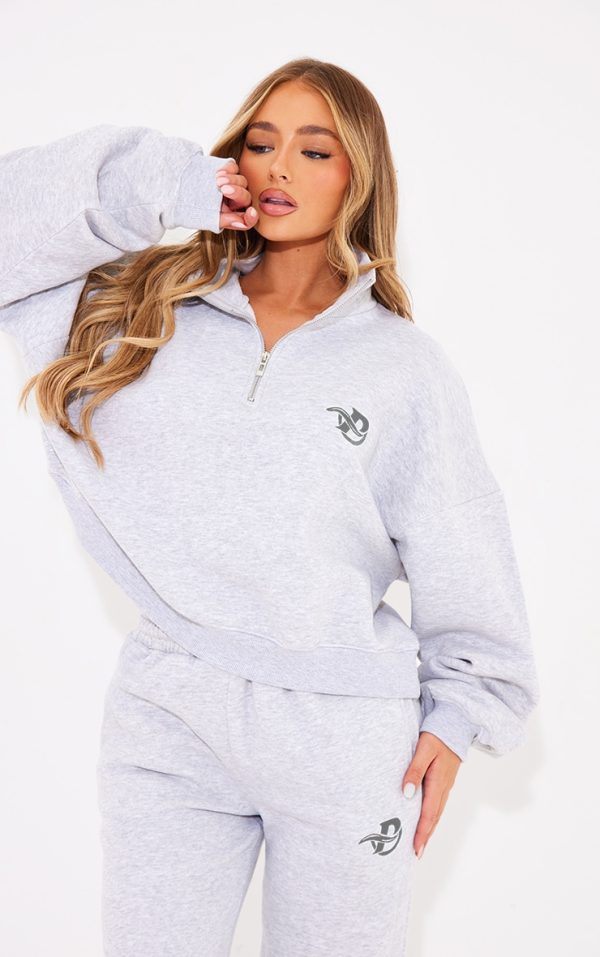 PRETTYLITTLETHING Ash Grey Logo Embroidered Half Zip Sweatshirt