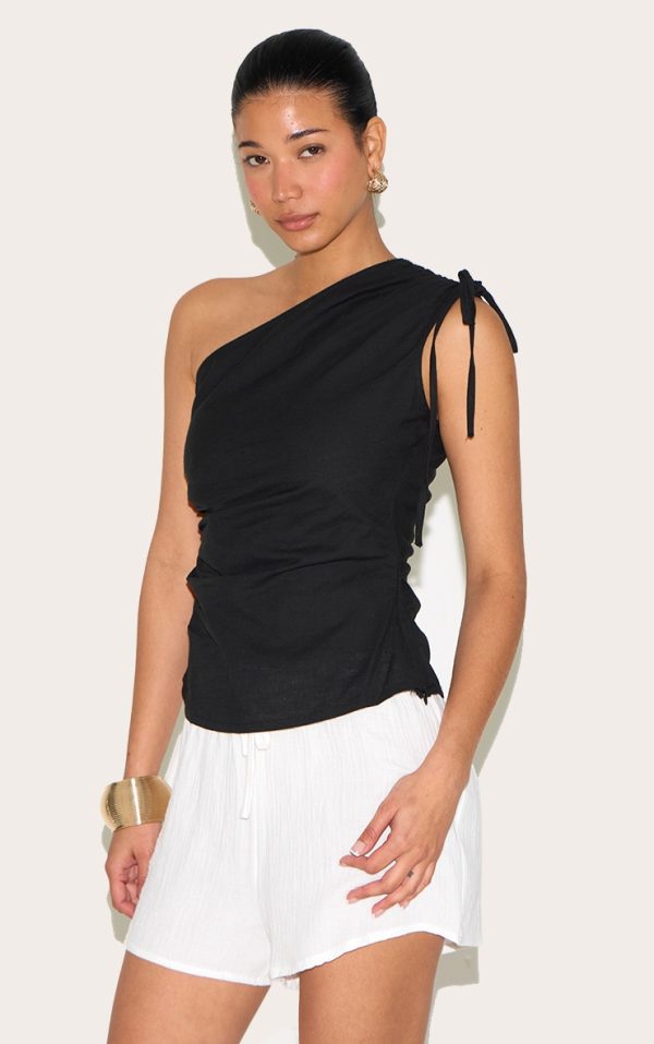 Black Lightweight Woven Ruched Asymmetric Long Top