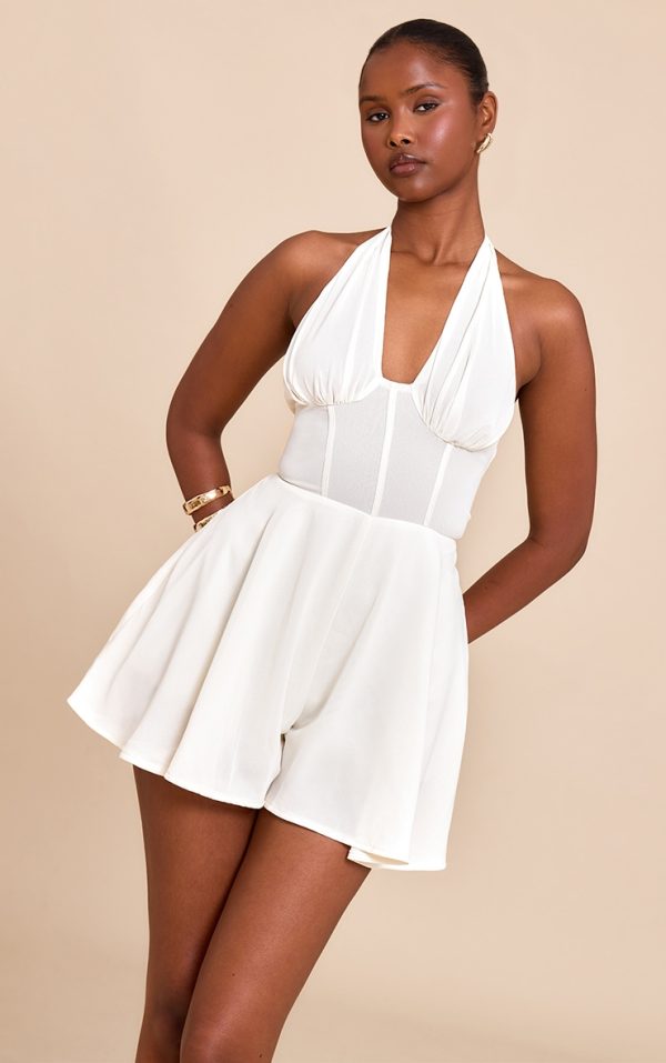 Cream Chiffon Halterneck Corset Detail Skort Romper