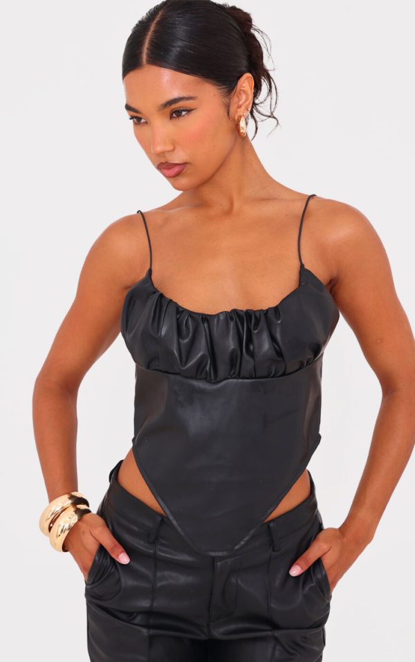 Black Faux Leather Ruched Bust Curve Hem Top