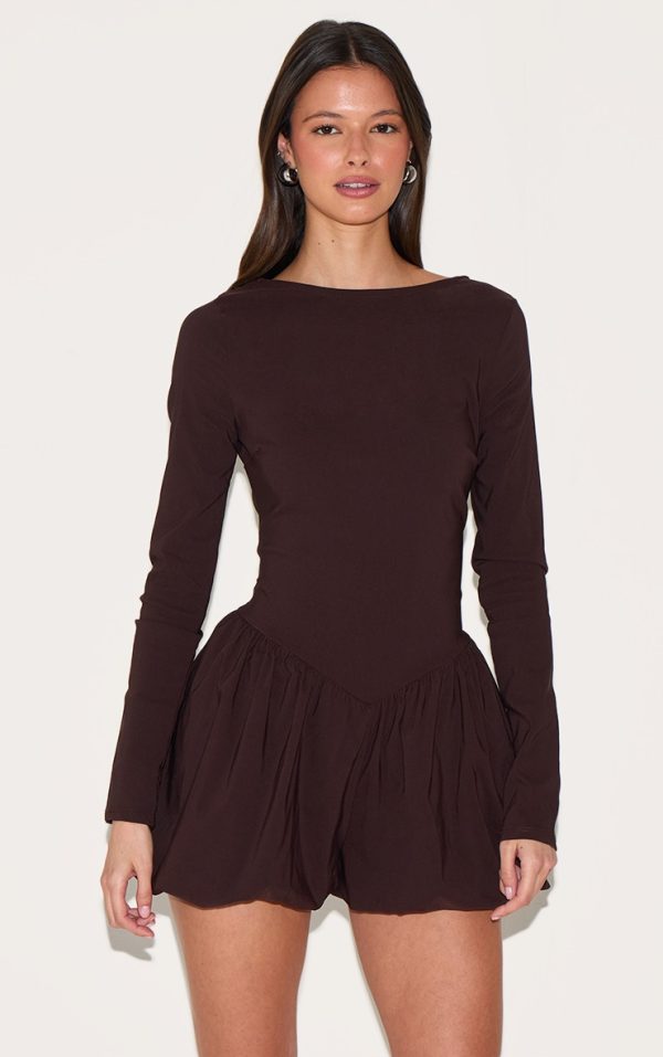 Chocolate Brown Stretch Woven High Neck Puffball Skort Romper