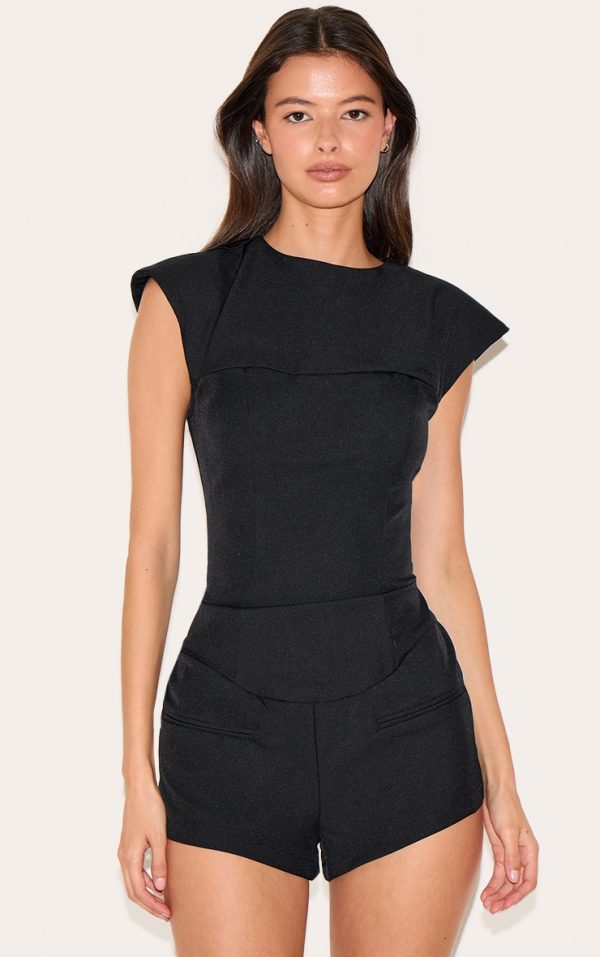 Black Tailored Woven Boatneck Cap Sleeve Romper