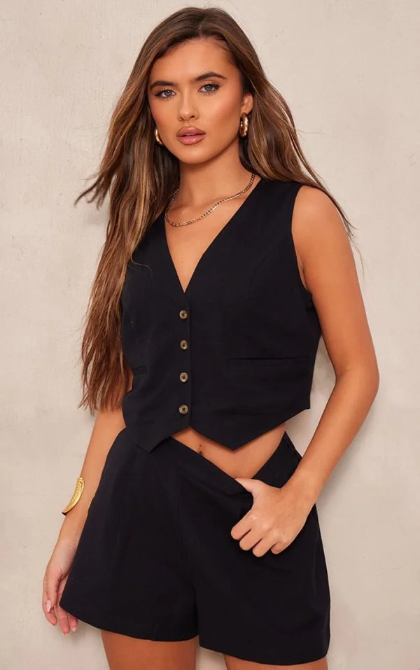 Black Linen Look Boxy Detail Vest