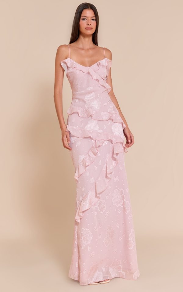 Light Pink Floral Embroidered Frill Maxi Dress