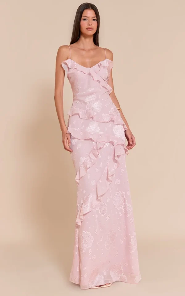 Light Pink Floral Embroidered Frill Maxi Dress