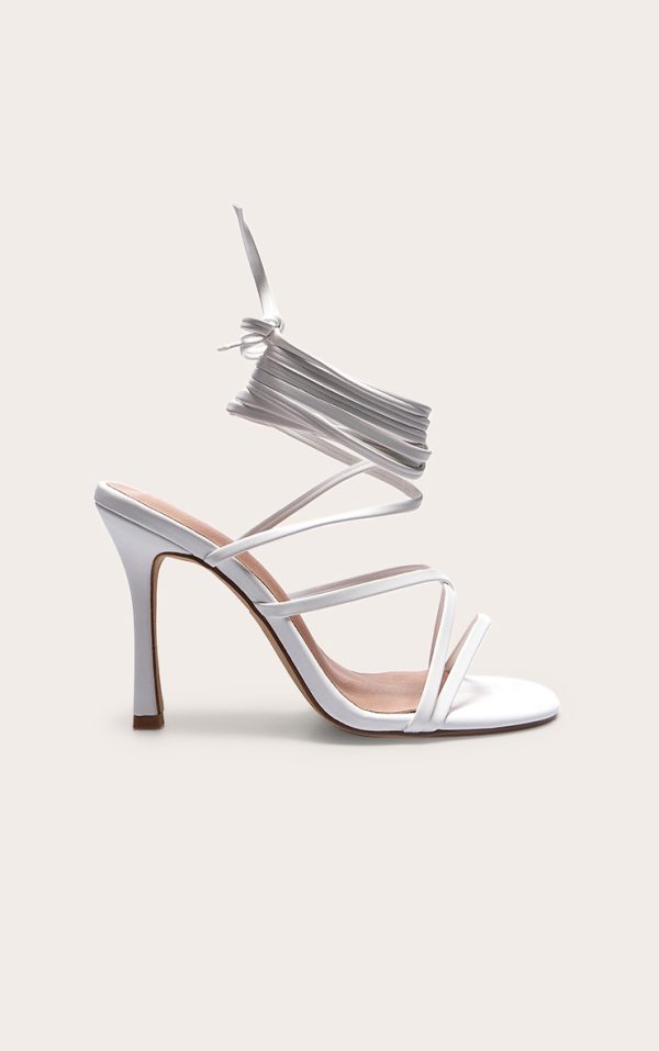 White Wide Fit PU Square Toe Strappy Lace Up Heeled Sandals