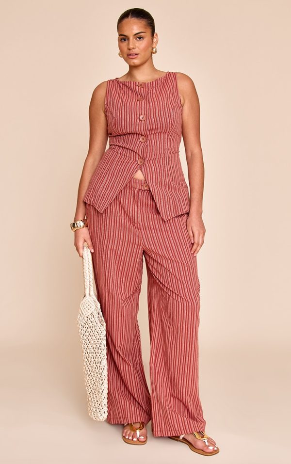 Plus Red Stripe Linen Look Wide Leg Pants