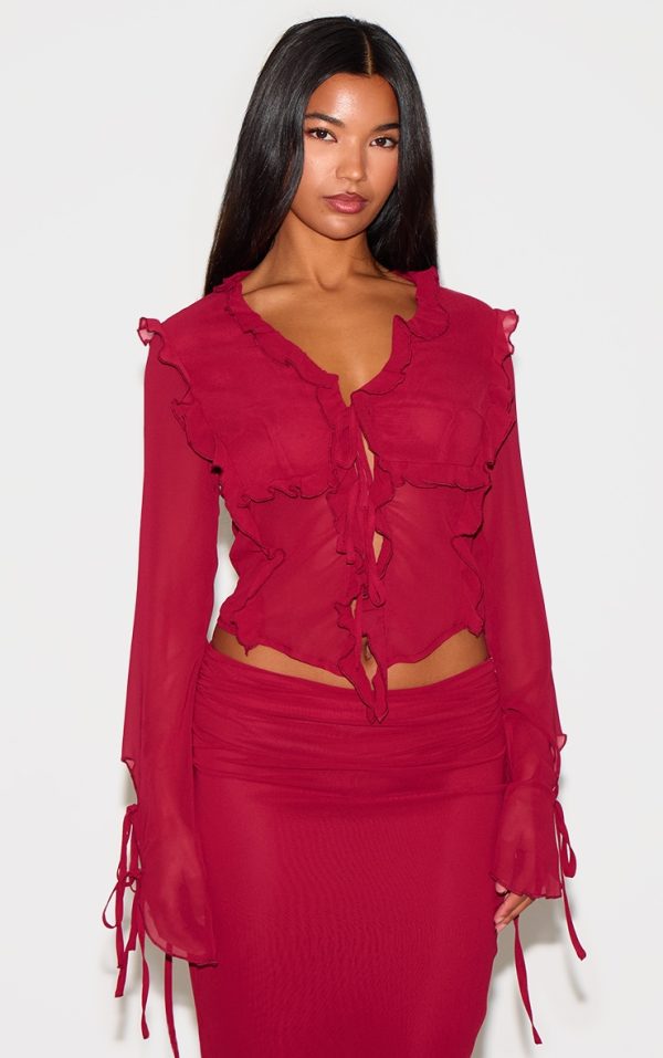Burgundy Chiffon Ruffle Tie Front Blouse