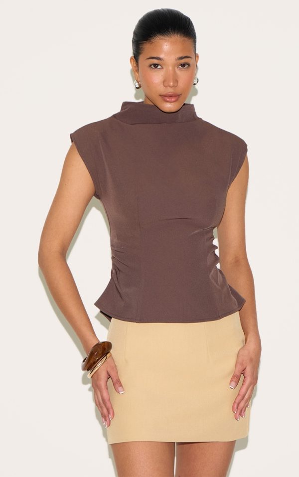 Chocolate Ruched Woven Shoulder Pad Top