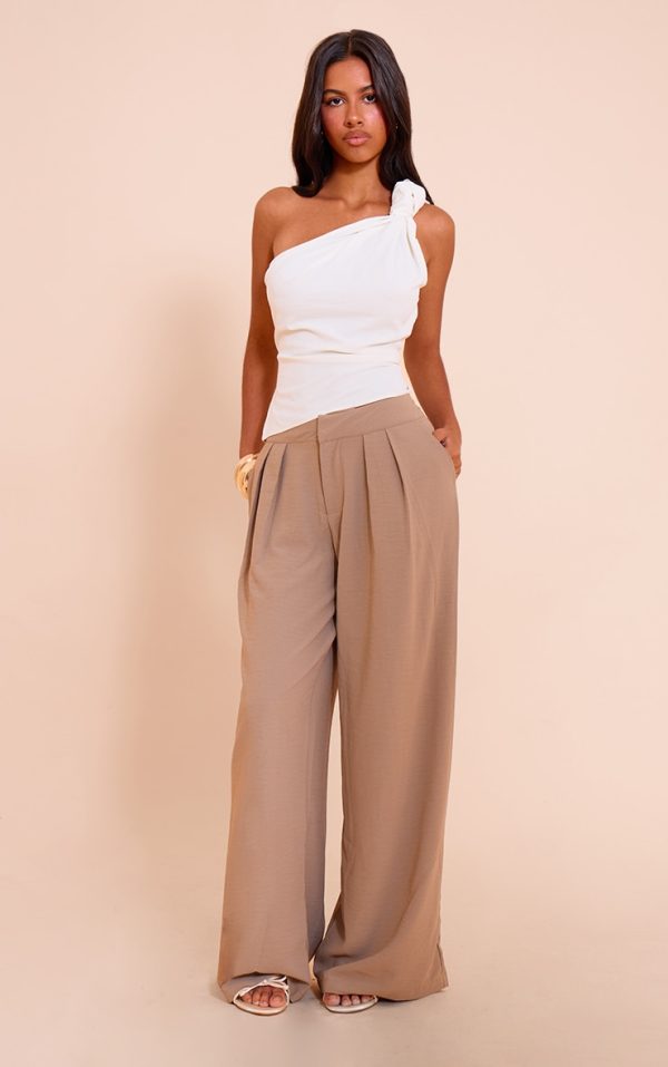 Petite Mushroom Floaty Woven Double Pleat Wide Leg Pants