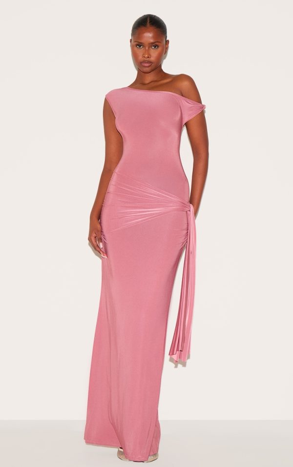 Blush Rose Slinky Off Shoulder Wrap Detail Maxi Dress