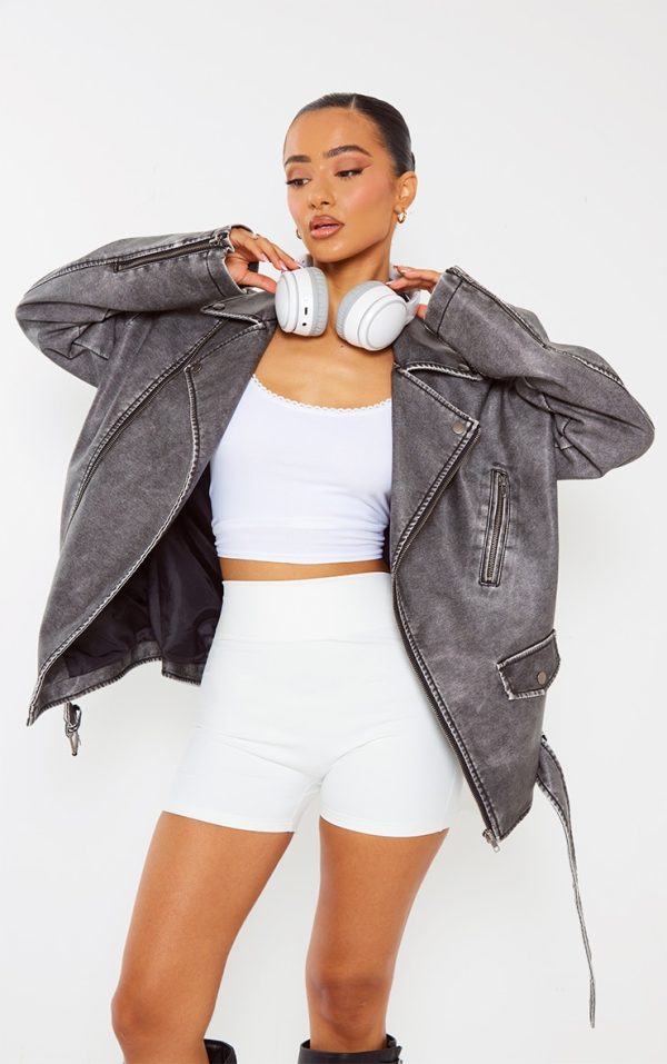 Petite Grey Distressed Look Faux Leather Longline Jacket