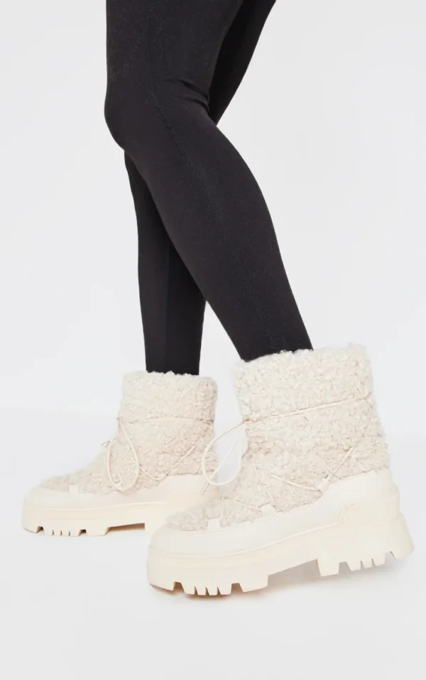 Cream Borg Round Toe Chunky Sole Ankle Boots