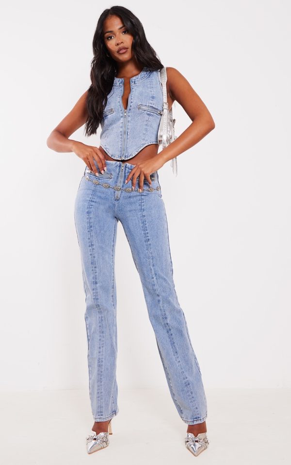 Tall Light Blue Wash Zip Detail Mid Rise Straight Leg Jeans