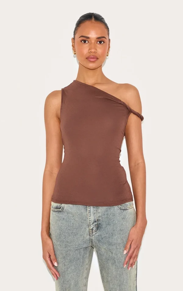 Mocha Soft Cotton Twist Detail Long Vest Top