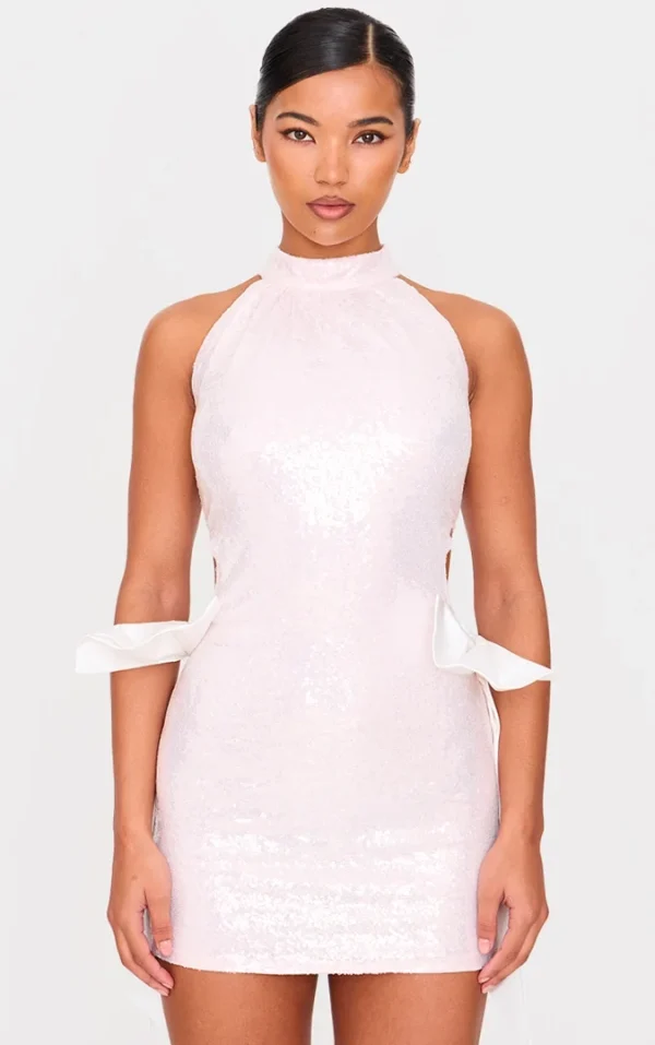 Pink Sequin Cut Out Bow Detail Mini Dress