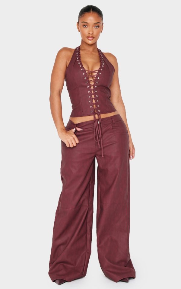 Shape Burgundy Washed Faux Leather Wide Leg Pants