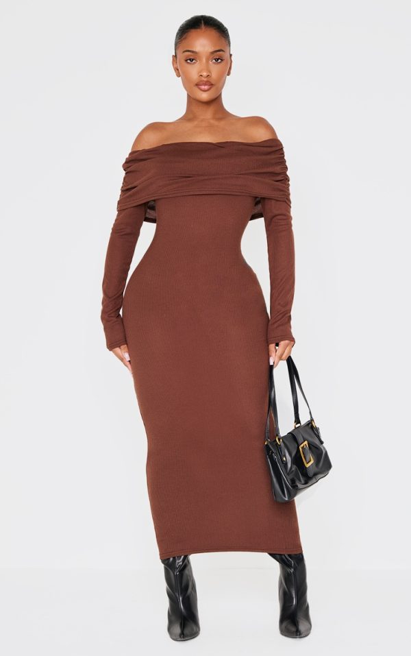 Shape Chocolate Rib Bardot Long Sleeve Maxi Dress