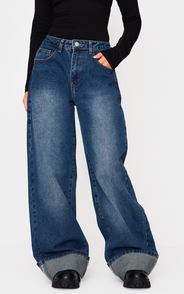 Petite Blue Wide Leg Turn Up Hem Jeans