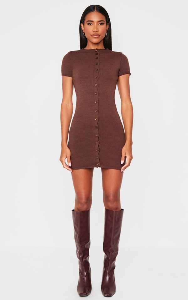 Chocolate Soft Knit Button Through Mini Dress