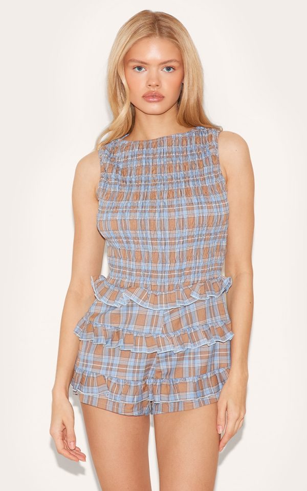Blue Gingham Woven Shirred Boat Neck Romper
