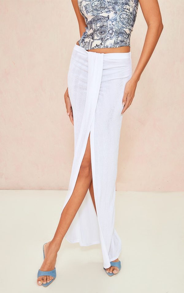 White Acetate Slinky Drape Front Maxi Skirt
