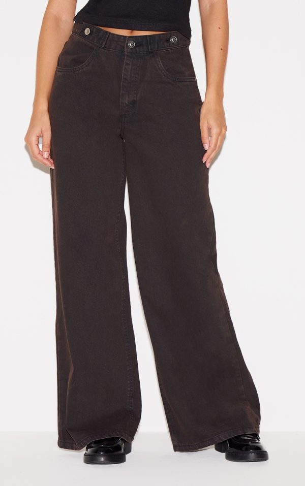 Dark Chocolate Mid Rise Button Waistband Wide Leg Jeans