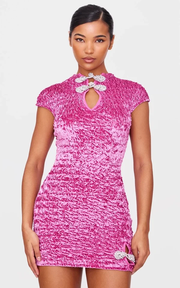 Pink Textured Satin Bow Detail Mini Dress