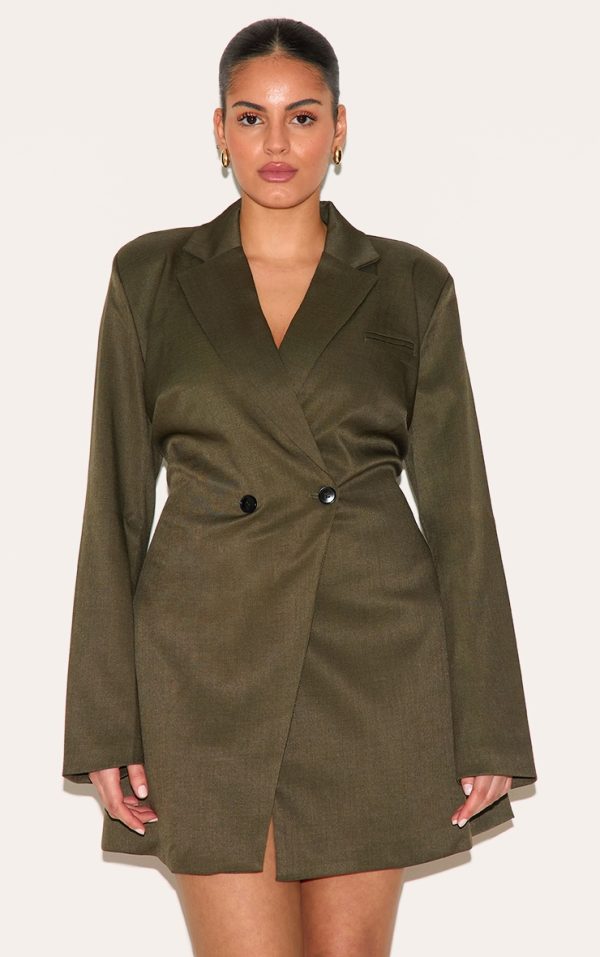 Plus Khaki Woven Cinched Waist Blazer Dress