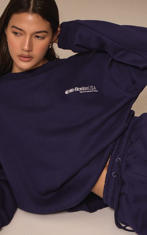 Navy Oversized Boston Usa Embroidered Sweatshirt