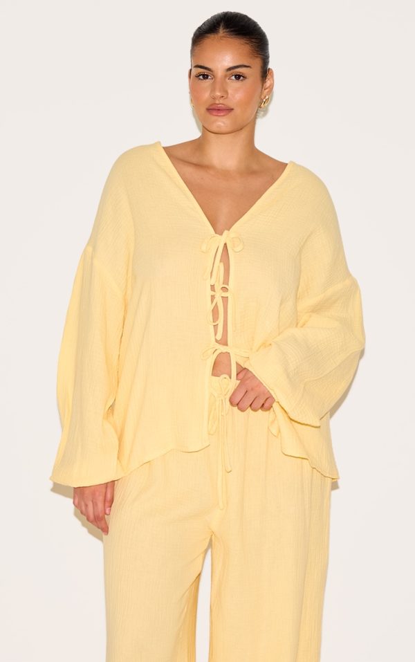 Plus Lemon Textured Cheesecloth Tie Front Shirt