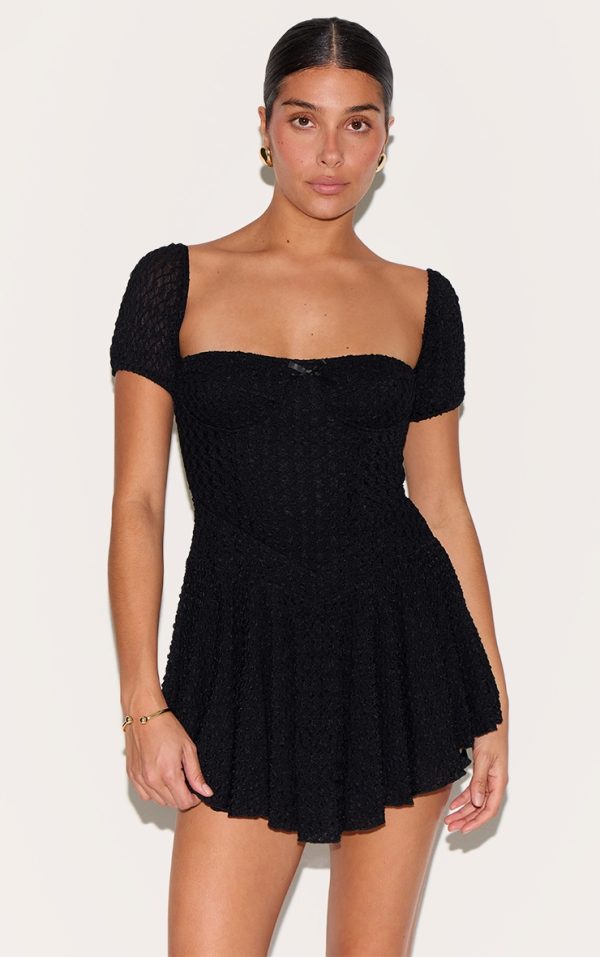 Petite Black Textured Bardot Puff Sleeve Mini Dress