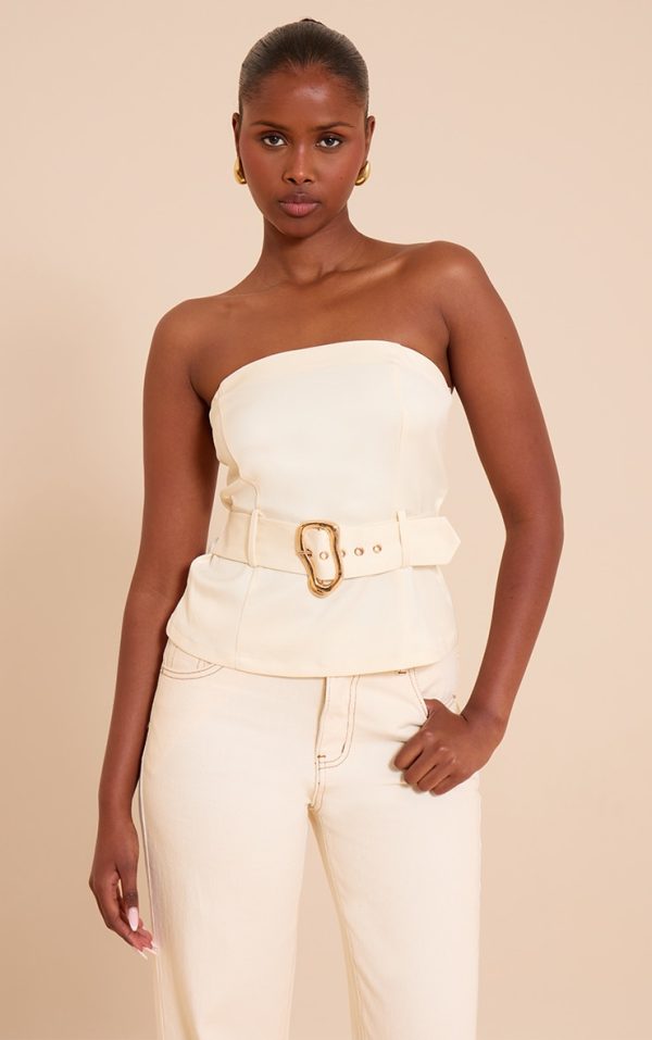 Cream Woven Belted Trim Detail Bandeau Top