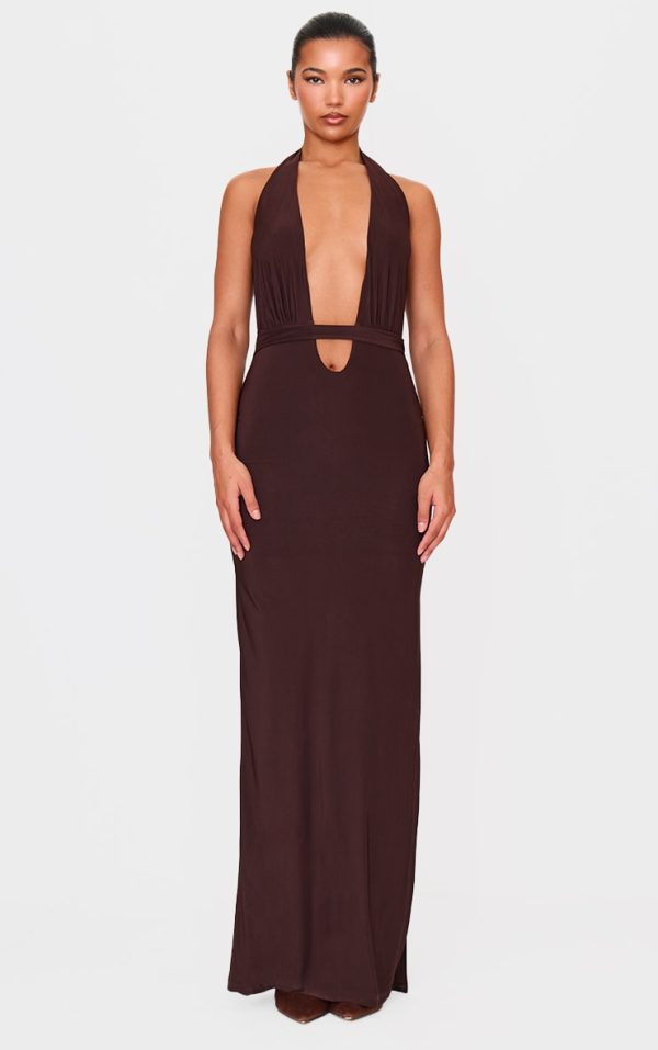 Chocolate Double Layer Skinky Wrap Waist Maxi Dress