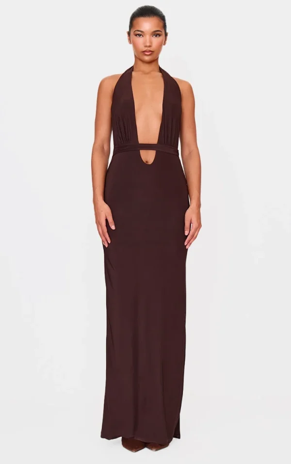Chocolate Double Layer Skinky Wrap Waist Maxi Dress