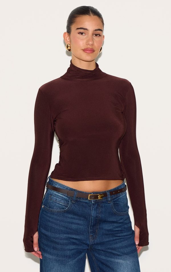Chocolate Slinky High Neck Thumb Detail Long Sleeve Top