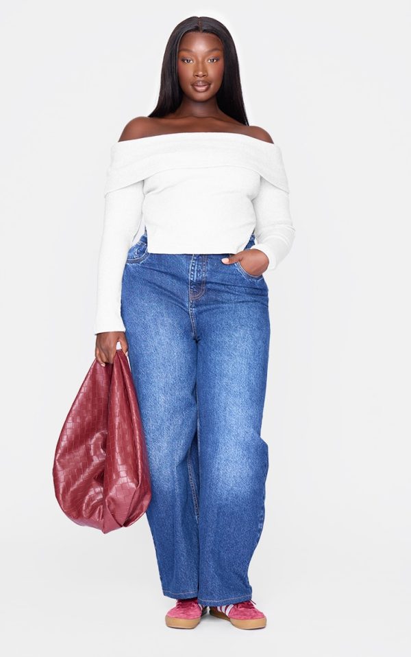 Plus Grey Brushed Rib Fold Over Detail Long Sleeve Top