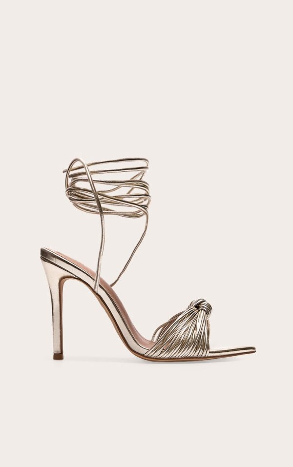 Gold Metallic Pu Point Toe Knotted Strappy High Heeled Sandals