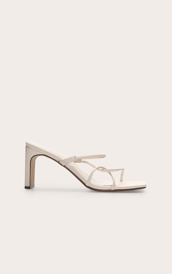 Cream Pu Square Toe Thin Block High Heeled Mules
