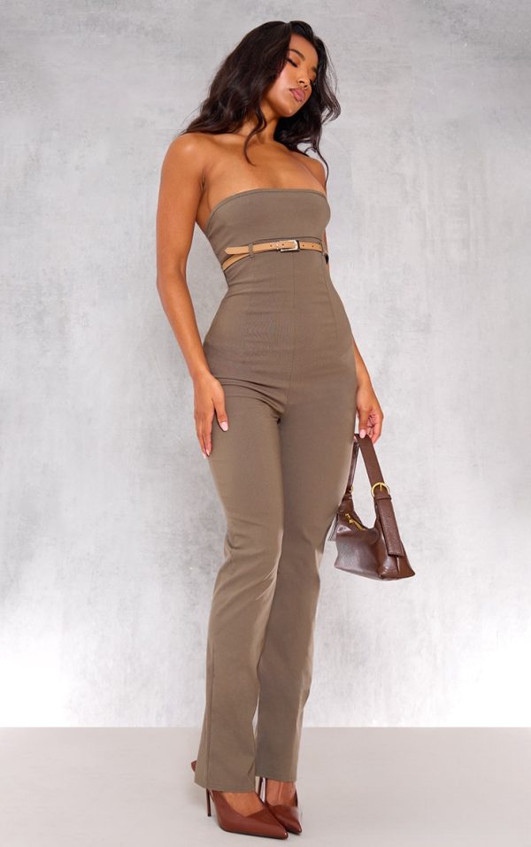 Khaki Stretch Woven Belted Bandeau Jumpsuit