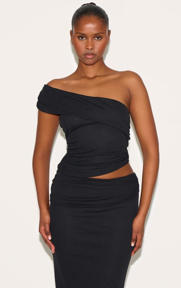 Black Onion Skin Ruched Side Asymmetric Top