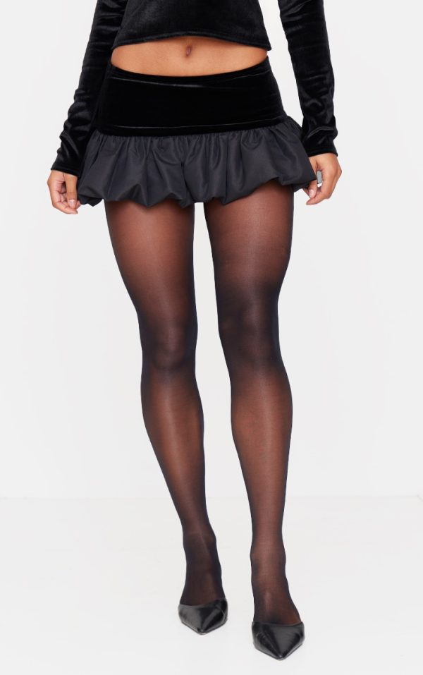 Black Velvet Panel Puffball Mini Skirt